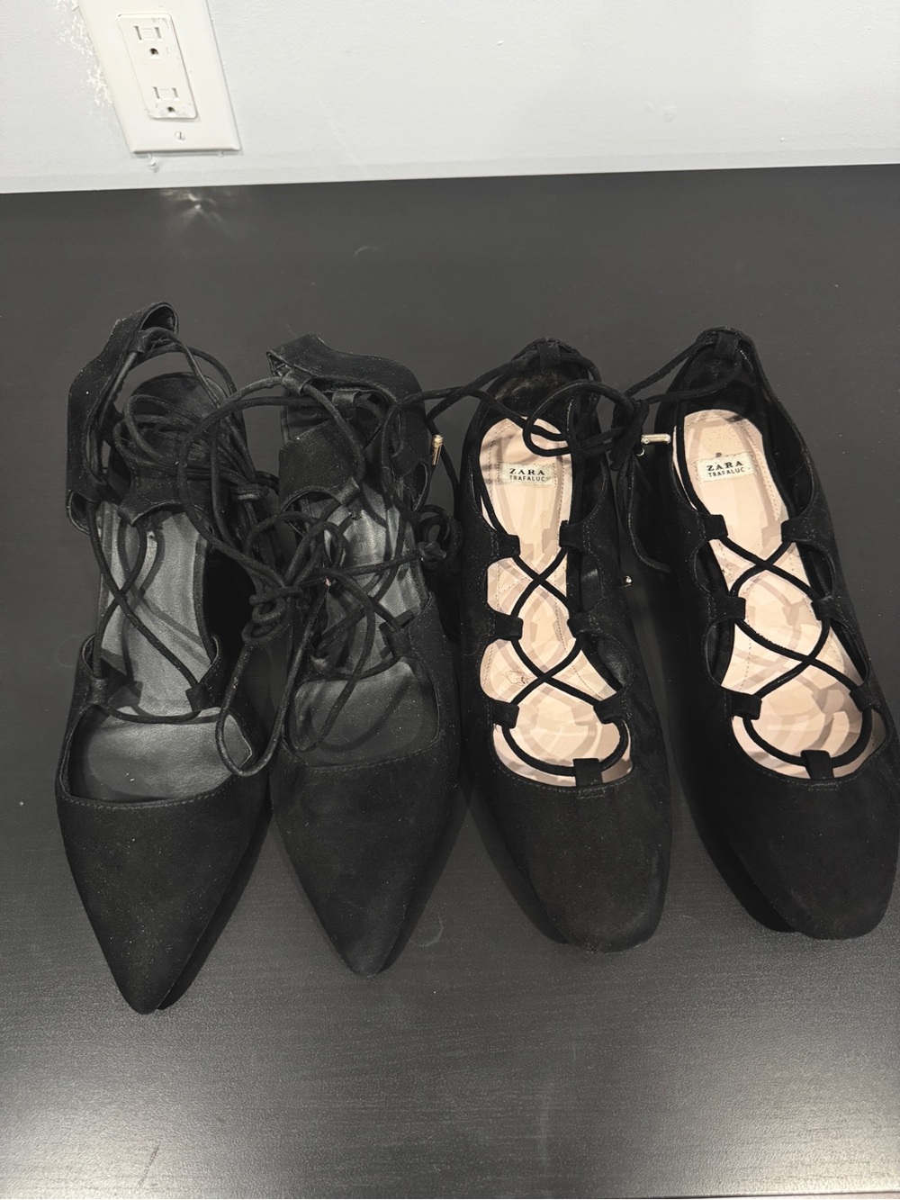 ZARA Black Lace-Up Pointed Flats
